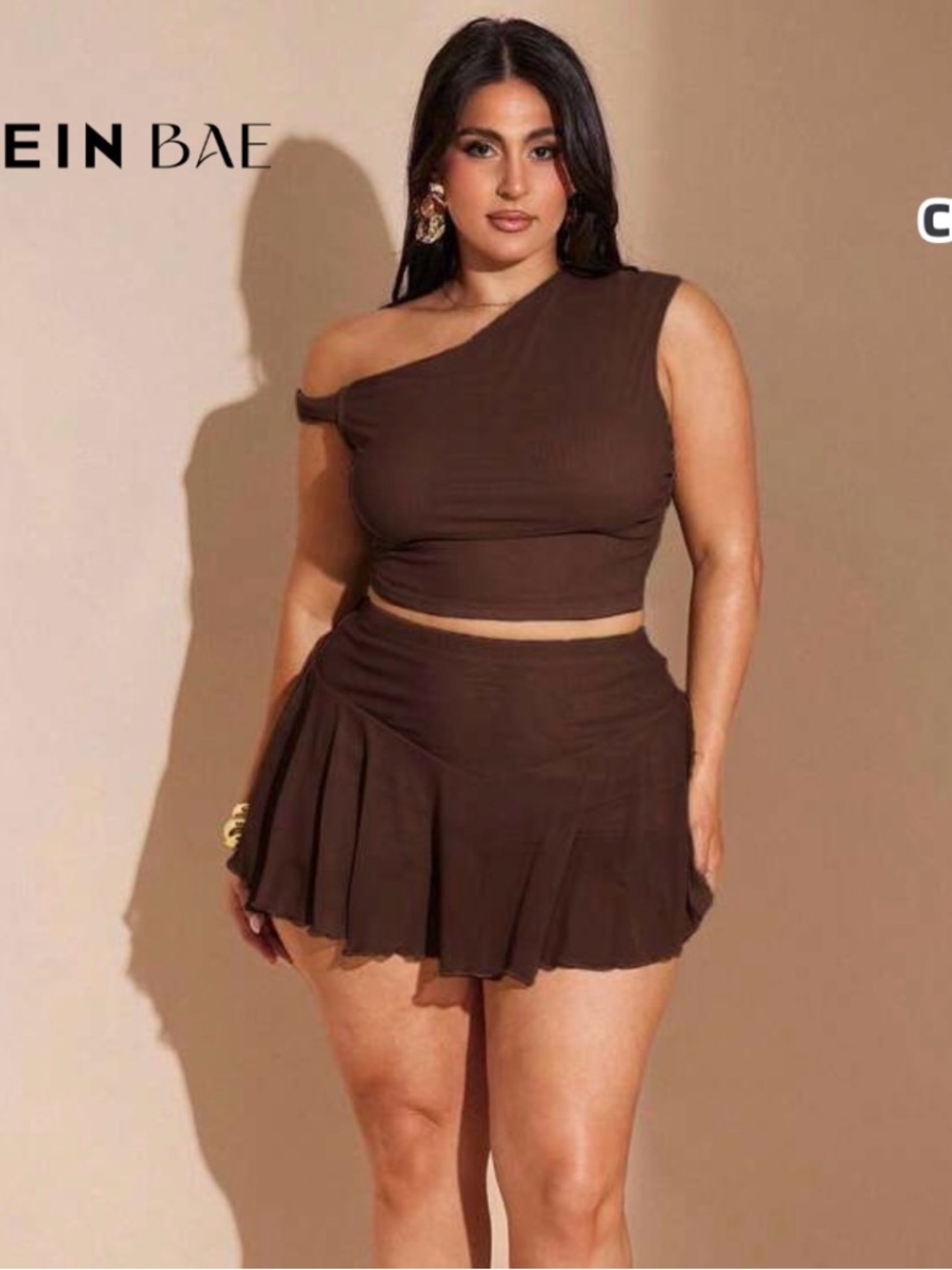 SHEIN Chocolate Brown One-Shoulder Pleated Mini Skirt Set